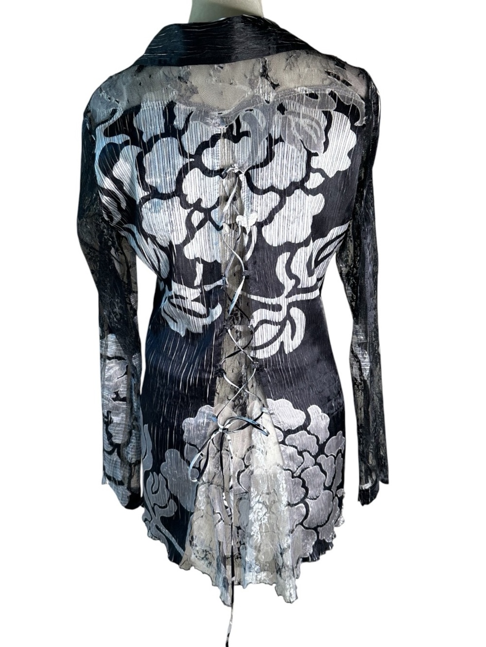 Cache Y2K Blouse Corset Lace Up Back Mermaid Tail Hem Lace Sleeves Whimsygoth